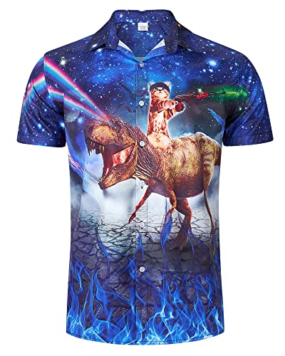 RAISEVERN Katze Dinosaurier Hemden Herren Männer 3D Druck Rot Galaxie Lustige Hässliche Hawaii Jungen Freizeithemden Bad Taste Party Geschenk, M von RAISEVERN