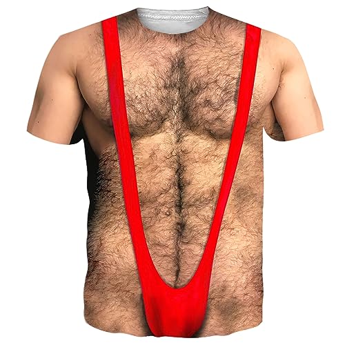 RAISEVERN 3D T-Shirt Herren Weihnachten Rot Lustig Coole Brusthaare Hässlich Druck Tshirt Jugendliche Junge Männer Party Geschenk Bekleidung, XL von RAISEVERN