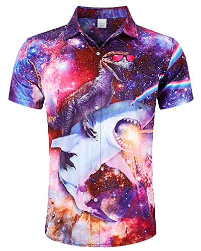 RAISEVERN Hemd Galaxie Herren Männer Hässliche 3D Lustige Dinosaurier Hai Druck Freizeithemden Jungen Hawaii Jugendliche Party Bad Taste Geschenk, XXL von RAISEVERN