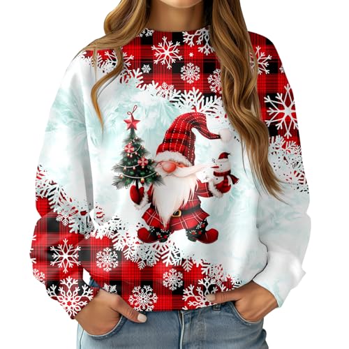 RAISEVERN Christmas Sweater Damen 3D Druck Santa Claus Coole Frau Weihnachtspullover Hässliche Schneeflocke Plaid Mädchen Lustige Weihnachtspulli Party Geschenk, Rot Weiß, L von RAISEVERN