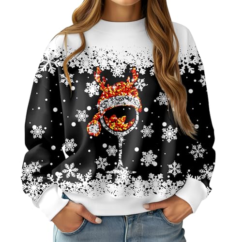 RAISEVERN Christmas Sweater Damen 3D Druck Santa Hat Coole Frau Weihnachtspullover Hässliche Schneeflocke Mädchen Lustige Weihnachtspulli Party Geschenk, Schwarz Weiß, L von RAISEVERN