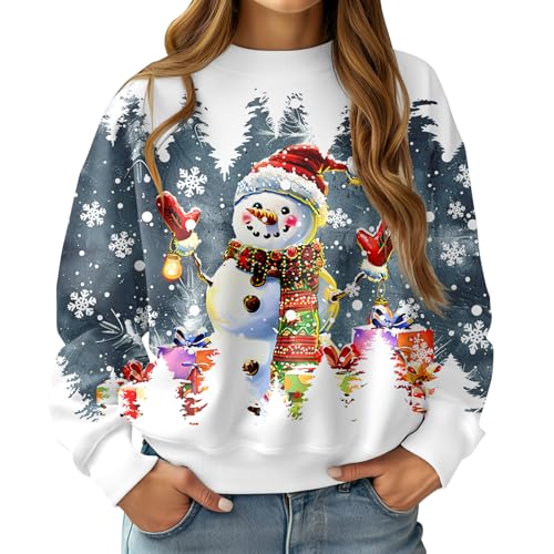 RAISEVERN Christmas Sweater Damen 3D Druck Schneemann Coole Frau Weihnachtspullover Hässliche Schneeflocke Mädchen Lustige Weihnachtspulli Party Geschenk, Grau Weiß, L von RAISEVERN