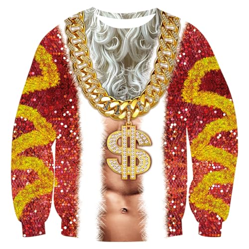 RAISEVERN Christmas Sweater Herren Männer Coole 3D Druck Muskeln Weihnachtspullover Hässliche Rot Damen Lustige Weihnachtspulli Party Geschenk, L von RAISEVERN