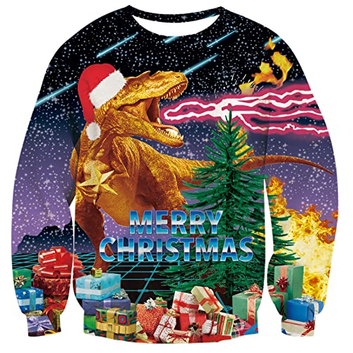 RAISEVERN Christmas Sweater Männer Herren 3D Weihnachtspullover Dinosaurier Hässliche Lustige Dinosaurier Druck Coole Weihnachtspulli Damen Party Geschenk, XL von RAISEVERN