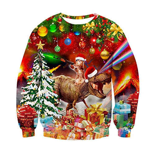 RAISEVERN Christmas Sweater Männer Herren 3D Weihnachtspullover Kat Hässliche Lustige Dinosaurier Druck Coole Weihnachtspulli Damen Party Geschenk, XL von RAISEVERN
