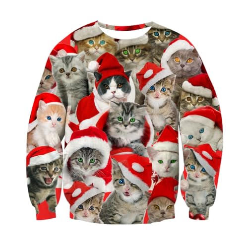 RAISEVERN Christmas Sweater Männer Herren 3D Weihnachtspullover Kat Hässliche Lustige Weihnachtsmütze Druck Coole Weihnachtspulli Damen Party Geschenk, XL von RAISEVERN