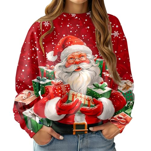 RAISEVERN Christmas Sweater Weihnachtsmann Mädchen Damen 3D Weihnachtspullover Hässliche Lustige Schneeflocke Druck Coole Weihnachtspulli Frau Party Geschenk, Rot, XL von RAISEVERN