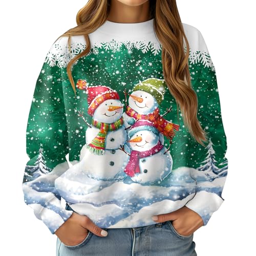 RAISEVERN Damen Weihnachtspullover Schneemann Christmas Sweater Frau Coole 3D Lustige Schneeflocke Druck Weihnachtspulli Hässliche Mädchen Party Geschenk, Grün Weiß, XXL von RAISEVERN