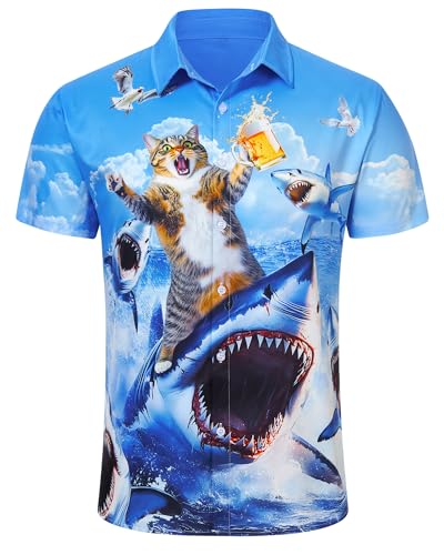 RAISEVERN Hawaii Hemden Herren Männer Katze Hai Freizeithemden Hässliche 3D Druck Bad Taste Lustige Bier Jugendliche Jungen Party Geschenk, L von RAISEVERN