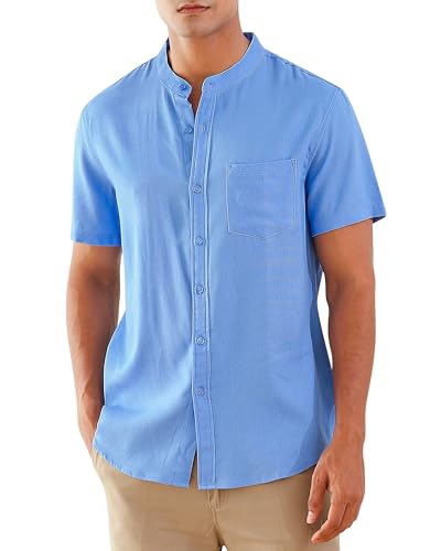 RAISEVERN Hemd Herren Kurzarm Leinenhemd Hemden Stehkragenhemd Freizeithemd Lässig Leinenshirt Sommerhemden Strandhemd Anzughemd Himmelblau, XL von RAISEVERN
