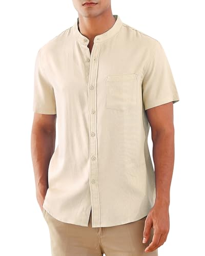 RAISEVERN Hemd Herren Kurzarm Leinenhemd Hemden Stehkragenhemd Freizeithemd Lässig Leinenshirt Sommerhemden Strandhemd Anzughemd Khaki, XL von RAISEVERN