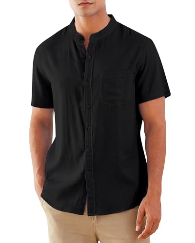 RAISEVERN Hemd Herren Kurzarm Leinenhemd Hemden Stehkragenhemd Freizeithemd Lässig Leinenshirt Sommerhemden Strandhemd Anzughemd Schwarz, XL von RAISEVERN