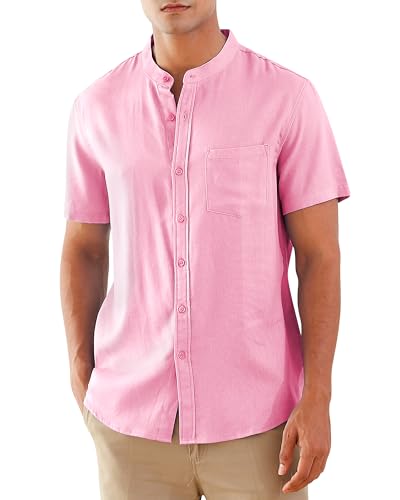 RAISEVERN Herren Kurzarm Hemd Leinenhemd Hemden Stehkragenhemd Freizeithemd Lässig Leinenshirt Sommerhemden Strandhemd Anzughemd Pink, M von RAISEVERN