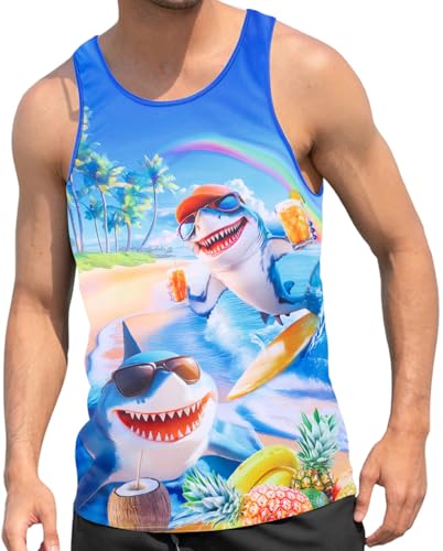 RAISEVERN Tank Top Herren Hai Palme Muskelshirts Tanktop 3D Witzig Grafik Sommer Trägershirt Gym Ärmelloses Sport Rave Achselshirts Unterhemd, XXL von RAISEVERN