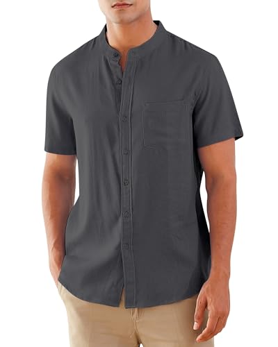 RAISEVERN Leinenhemd Herren Kurzarm Hemd Stehkragenhemd Freizeithemd Lässig Leinenshirt Sommerhemden Hemden Strandhemd Anzughemd Grau, L von RAISEVERN