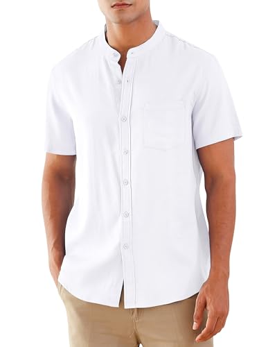 RAISEVERN Leinenhemd Herren Kurzarm Hemd Stehkragenhemd Freizeithemd Lässig Leinenshirt Sommerhemden Hemden Strandhemd Anzughemd Weiß, L von RAISEVERN