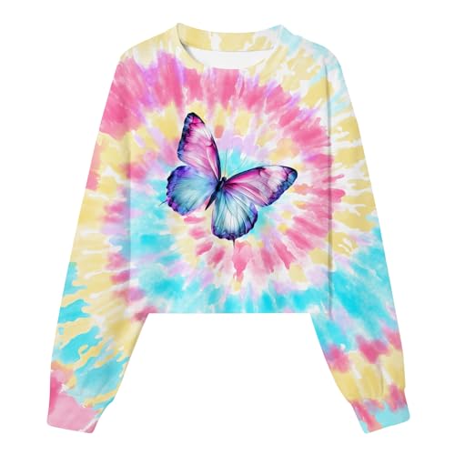 RAISEVERN Mädchen Sweatshirt Tie-Dye Kindermädchen Batik Pullover Rundhals Langarmshirts Kinder Bunt Tops Schmetterling, 11-12 Jahre von RAISEVERN