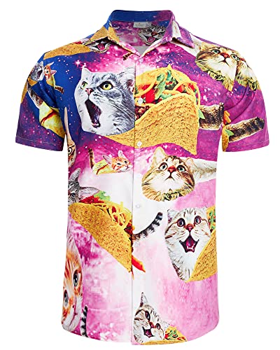 RAISEVERN Männer Thailand Hawaii - Shirts Kurzarm Fancy Pizza Cats Pattern Strand Shirts Casul T-Shirts Lila von RAISEVERN