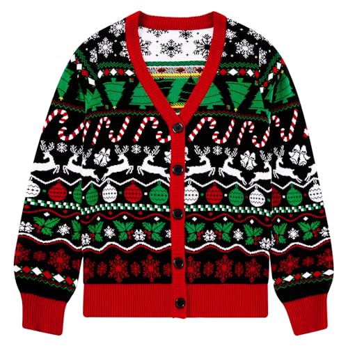 RAISEVERN Strickjacken Damen Rentiere Weihnachtsjacke Pullover Lustige Schneeflocken V-Ausschnitt Cardigan Hässliche Sweater Frauen Geschenk, L von RAISEVERN