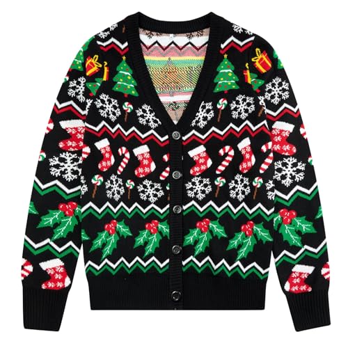 RAISEVERN Strickjacken Damen Schneeflocke Weihnachtsjacke Pullover Lustige Süßigkeiten Socke V-Ausschnitt Cardigan Hässliche Sweater Frauen Geschenk, XXL von RAISEVERN