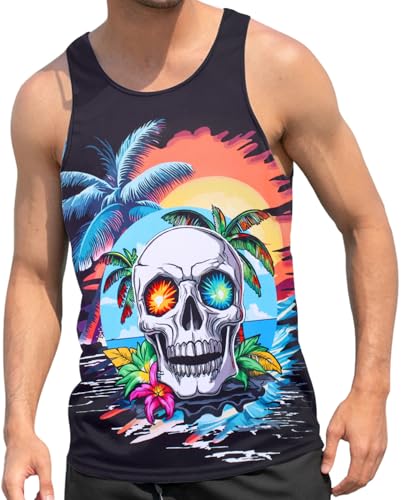 RAISEVERN Tank Top Herren Skull Palme Gym Tanktop Ärmelloses Muskelshirts Sommer 3D Witzig Grafik Rave Trägershirt Sport Unterhemd Achselshirts, L von RAISEVERN