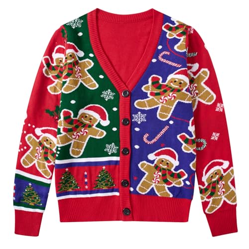 RAISEVERN Weihnachtsjacke Damen Schneeflocke Grün Strickjacken Cardigan Hässliche Lebkuchenmann V-Ausschnitt Pullover Lustige Sweater Frauen Geschenk, M von RAISEVERN