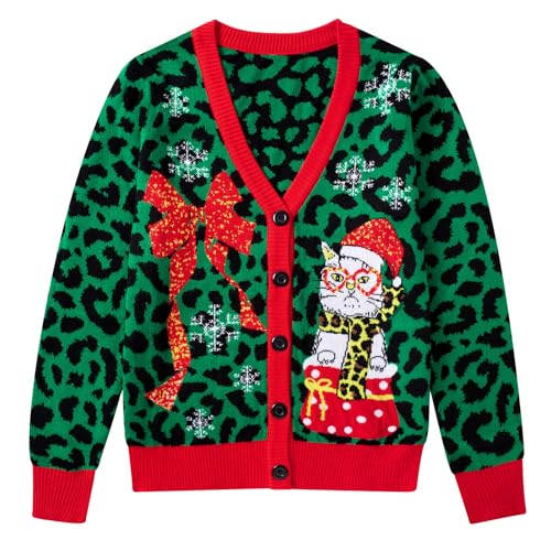 RAISEVERN Weihnachtsjacke Damen Schneeflocke Strickjacken Cardigan Hässliche Katze V-Ausschnitt Pullover Lustige Sweater Frauen Geschenk, M von RAISEVERN