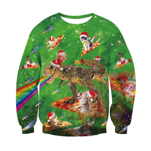 RAISEVERN Weihnachtspullover Christmas Sweater Männer Cat Pizza Herren 3D Druck Damen Lustige Coole Weihnachtspulli Dinosaurier Hässliche Party Geschenk, M von RAISEVERN