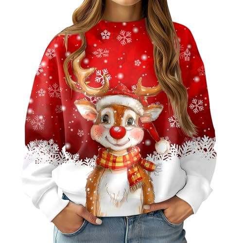 RAISEVERN Weihnachtspullover Hässliche Damen Christmas Rentier Sweater Frau 3D Coole Druck Schneeflocke Lustige Mädchen Weihnachtspulli Party Geschenk, Rot Weiß, S von RAISEVERN