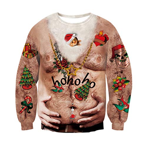 RAISEVERN Weihnachtspullover Hässliche Herren Christmas Brusthaar Sweater Männer 3D Coole Druck Lustige Damen Weihnachtspulli Party Geschenk, S von RAISEVERN