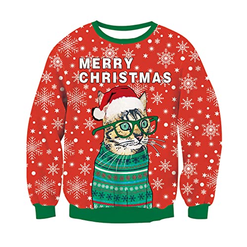RAISEVERN Weihnachtspullover Herren Kat Lustige Schneeflocke Xmas Pullover Damen Hässliche Sweater Paare Weihnachtspulli Familie, L von RAISEVERN