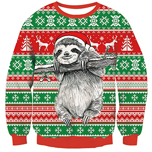 RAISEVERN Weihnachtspullover Herren Schneeflocke Lustige Faultier Xmas Pullover Damen Hässliche Sweater Paare Weihnachtspulli Familie, L von RAISEVERN
