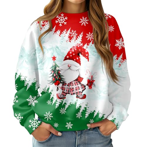 RAISEVERN Weihnachtspullover Weihnachtsmann Christmas Sweater Mädchen Damen 3D Druck Frau Lustige Coole Weihnachtspulli Schneeflocke Hässliche Party Geschenk, Rot Grün, M von RAISEVERN