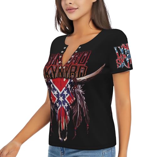 Damen klassischer Schwarz T-Shirts Lynyrd Logo Grafik Druck Skynyrd Tshirt V-Ausschnitt Kurzarm T Shirt Sommer Lässiges Band Tops für Damen Teen Mädchen Geschenk for Fans von RAISTUIO