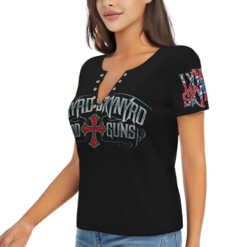 Damen klassischer Schwarz T-Shirts Lynyrd Logo Grafik Druck Skynyrd Tshirt V-Ausschnitt Kurzarm T Shirt Sommer Lässiges Band Tops für Damen Teen Mädchen Geschenk for Fans von RAISTUIO