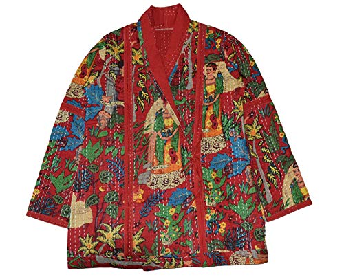 Rajbhoomi Damen Kantha Jacke Druck Baumwollstoff handgefertigt gesteppt, Rot, XL von RAJBHOOMI HANDICRAFTS