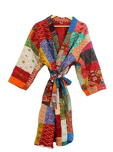 Rajbhoomi Damen-Kimono-Robe, handgefertigt, Seide, Patola, Kantha, Steppdecke, Körperwärmer, Mantel, Patchwork, Mantel, Mehrfarbig/Meereswellen (Ocean Tides), 30 von RAJBHOOMI HANDICRAFTS