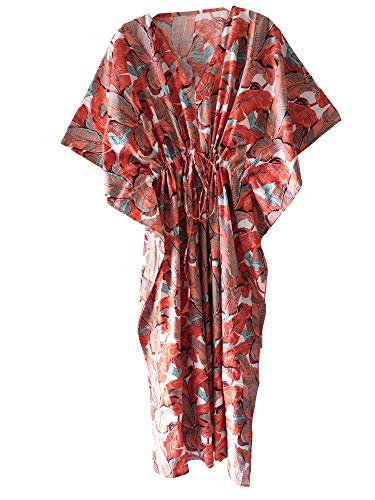 Rajbhoomi Damen Tunika Kaftan Langes Maxi Party Kleid für Loungewear Urlaub Nachtwäsche Strand Cover Up Caftans Einheitsgröße – (Orange) Bananenblatt Druck.., Orange, XL/XXL von RAJBHOOMI HANDICRAFTS