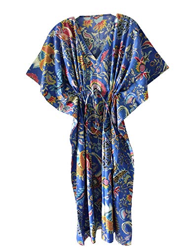 Rajbhoomi Damen Tunika Kaftan Langes Maxi Party Kleid für Loungewear Urlaub Nachtwäsche Strand Cover Up Caftans Einheitsgröße (blau) MuKut Druck).., blau, XL/XXL von RAJBHOOMI HANDICRAFTS