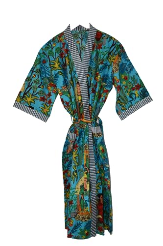 Rajbhoomi Indischer handgefertigter Women Print Druck Türkise Frauen Robe Baumwollstoff Schlafkleidung Kimono, Türkis, XX-Large, Türkis, XX-Large von RAJBHOOMI HANDICRAFTS