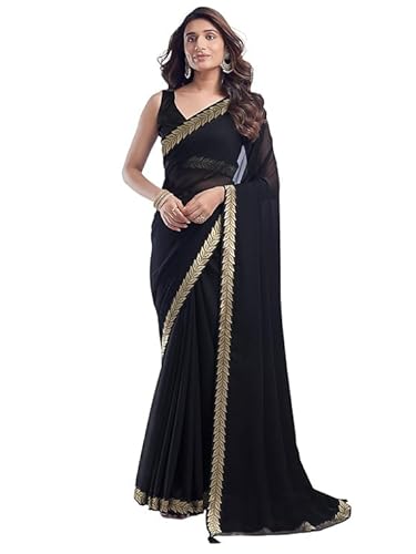 RAJESHWAR FASHION WITH RF Damen Satin Chiffon Sequenz Arbeit Stickerei Spitze Bordüre Einfarbig Solid Sari, Z Schwarz, One size von RAJESHWAR FASHION WITH RF