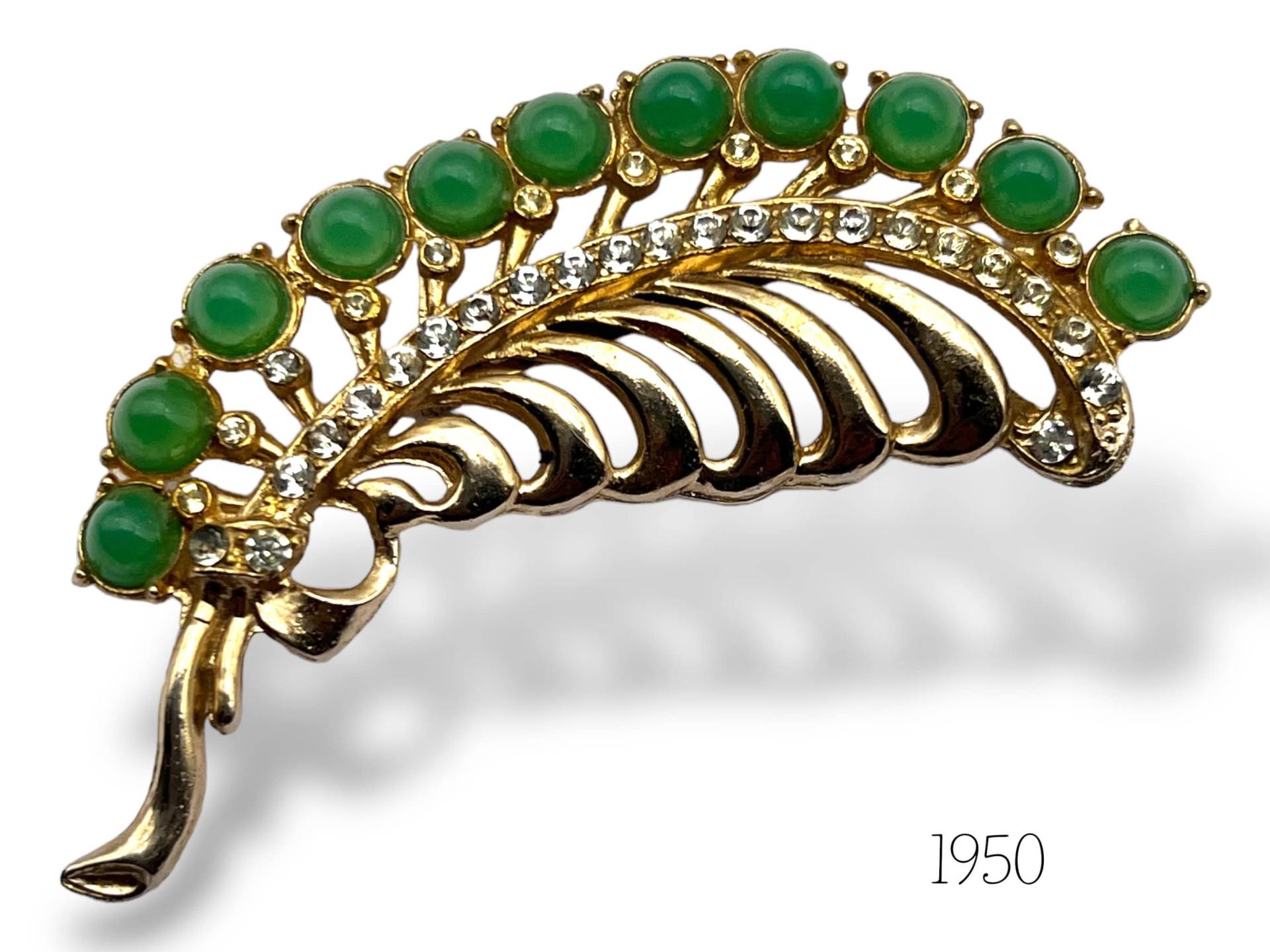 1950Er Jahre Antike Und Große Brosche - Juwel Großmutter's, Feder/Blatt Edel in Gold, Kristall Jade-Der Charme Des Alten Juwel-Art.446/2 von RAKcreations