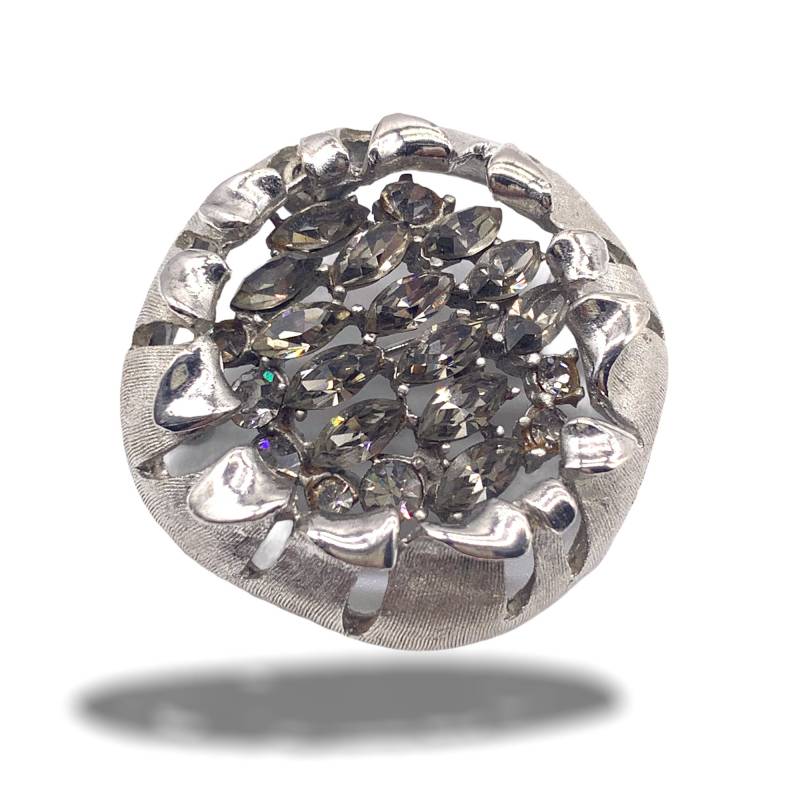 1950Er Jahre Blumen Brosche Bsk Copyright Signiert, Mit Grauen Kristallen Und Silber - Exquisite Linie Hochwertiges Broschen Design.art.916/2 von RAKcreations