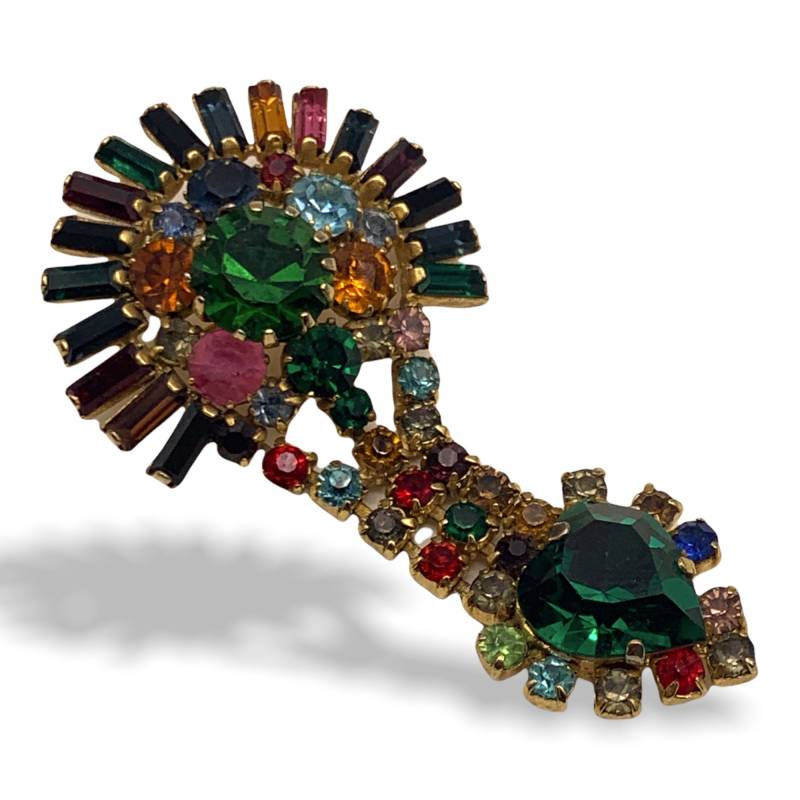 Knallig Schöne Dangle Design Multicolor Strass Brosche - Mit Grünem Smaragd Herz Und Vielen Farbigen Funken Art.867/4 von RAKcreations