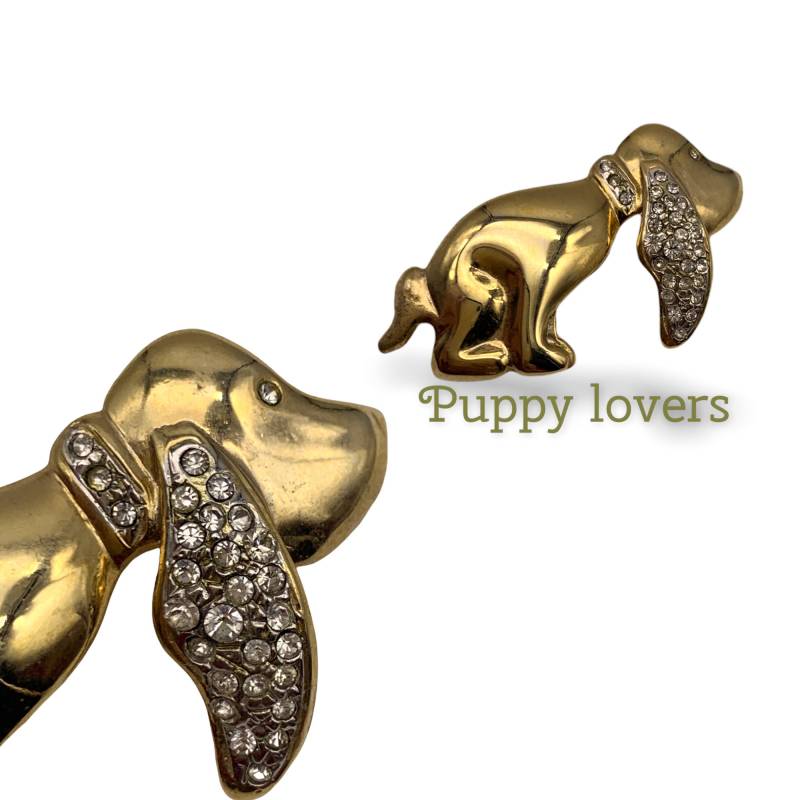 Liebling Süßer Hund Welpe Cocker Figur Brosche in Goldfarbener Spiegelglanz Mit Schillernden Klaren Strasssteinen - Art.907/4 von RAKcreations