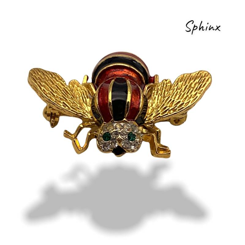 Schöne Figurale Fliege/Motte Biene Insekt Brosche Mit Glänzenden Schwarzen Und Roten Emaille & Klaren Strasssteinen - Nummerierte Sphinx von RAKcreations