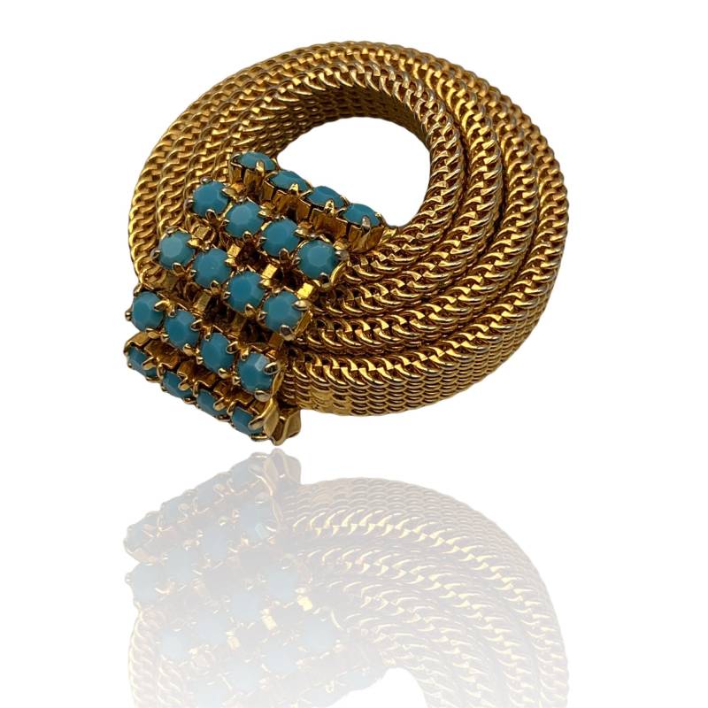 Sehr Schöne Hellgoldfarbene Kreis Brosche Mit Türkis Opaken Kristallen Band - Einfach Schick Art.262/3 von RAKcreations