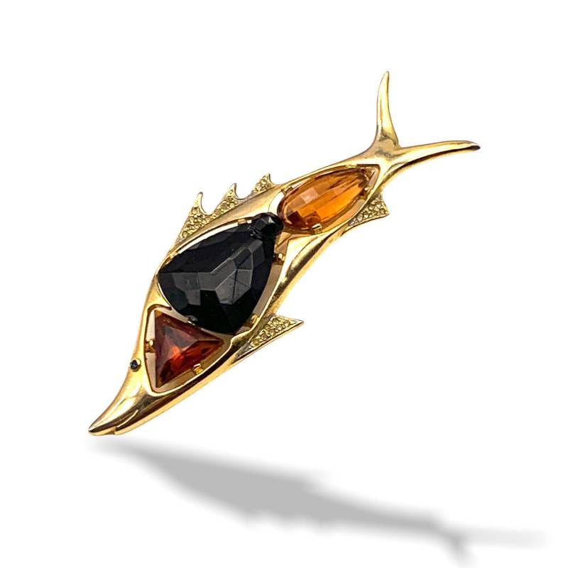 Vintage 1960Er Jahre Große Figürliche Fisch Brosche - Dimensionale Schwarze Und Topas Steine Mit Kleinen Hellgelben Strasssteinen Art.852/4 von RAKcreations
