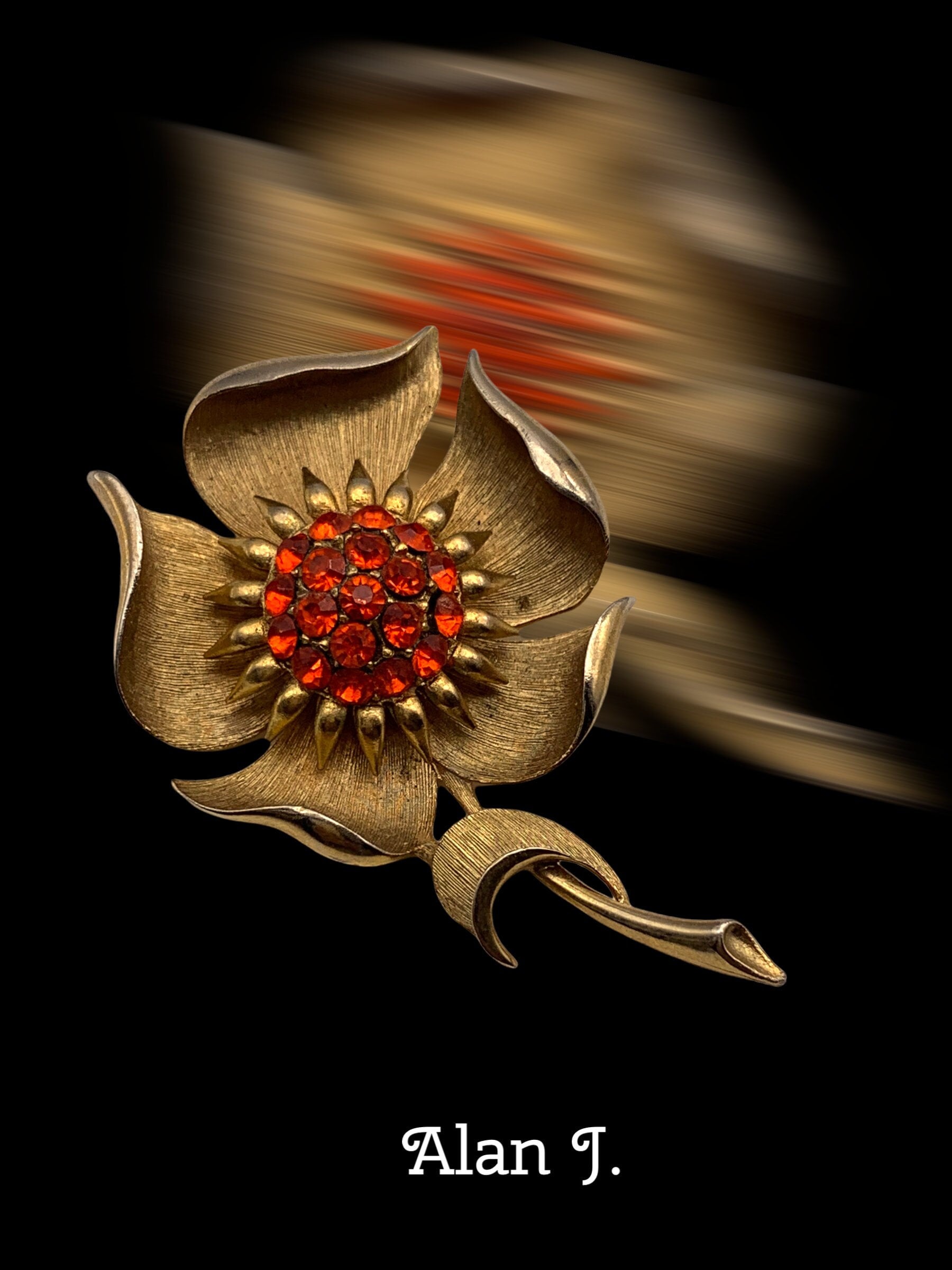 Vintage Alan J Orange Strass Blumen Gold Ton Pin Brosche - Art.558/5 von RAKcreations
