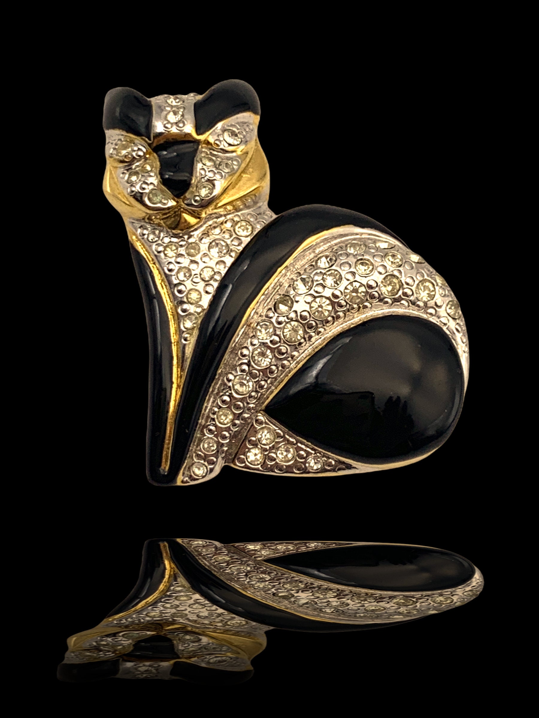 Vintage Goldton Signiert Schiavon Bijoux Strass Schwarze Emaille Katze/Katzen Brosche Pin - Von Sehr Guter Qualität Art.316 4 von RAKcreations